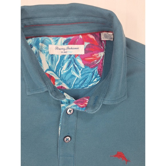 Tommy Bahama IslandZone Mens Large Teal Blue Long Sleeve Polo Shirt Floral Trim - Picture 5 of 7